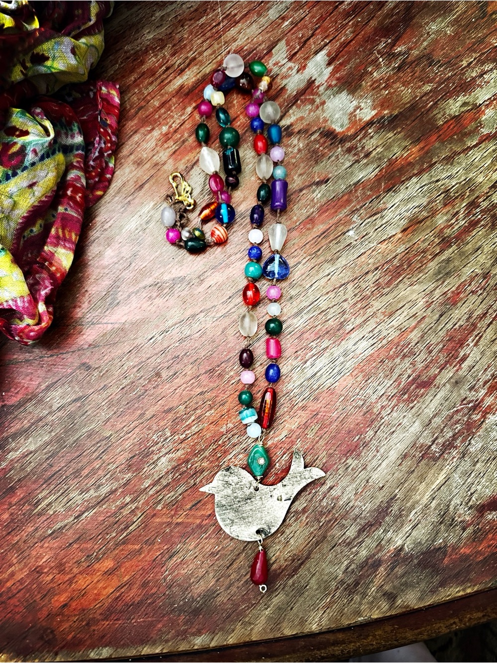 Brass Bird, Glass Knotted Unique Bead Necklace - Picture 3 of 5